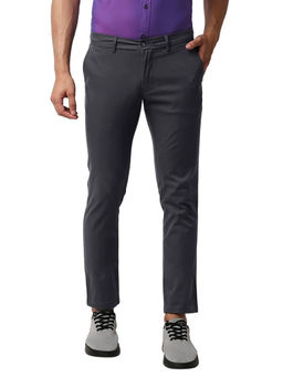 BASICS - Dark Grey Cotton Stretch Solid Tapered Trousers
