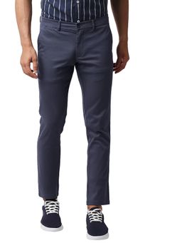 BASICS - Blue Cotton Stretch Solid Tapered Trousers