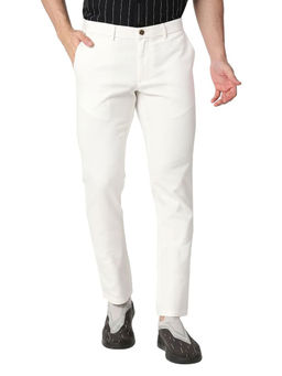 BASICS - White Cotton Stretch Solid Tapered Trousers