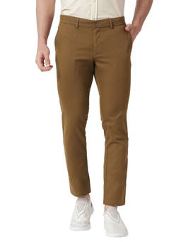 BASICS - Brown Cotton Stretch Solid Tapered Trousers