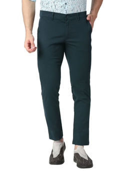 BASICS - Dark Green Cotton Stretch Solid Tapered Trousers