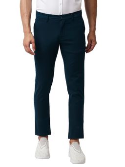 BASICS - Navy Blue Cotton Stretch Solid Tapered Trousers