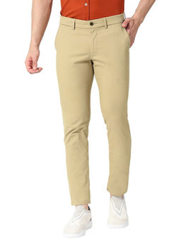 BASICS - Khaki Cotton Stretch Solid Tapered Trousers