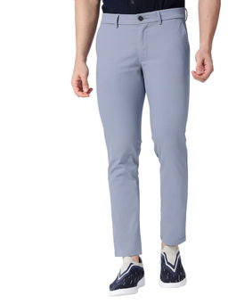 BASICS - Light Blue Cotton Stretch Solid Tapered Trousers