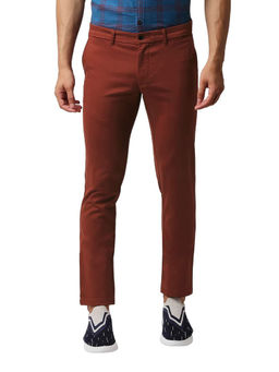 BASICS - Red Cotton Stretch Solid Tapered Trousers