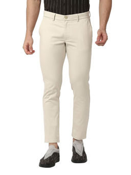 BASICS - Beige Cotton Stretch Solid Tapered Trousers