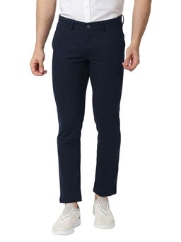 BASICS - Navy Blue Cotton Stretch Solid Tapered Trousers