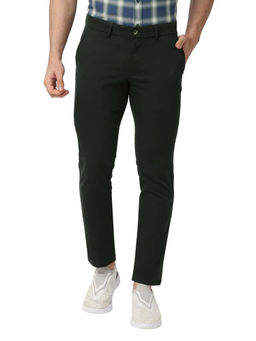 BASICS - Green Cotton Stretch Textured Tapered Trousers