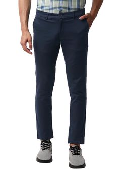 BASICS - Navy Blue Cotton Stretch Solid Tapered Trousers