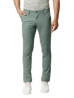 BASICS - Green Cotton Stretch Textured Tapered Trousers