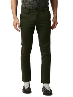 BASICS - Olive Cotton Stretch Textured Tapered Trousers