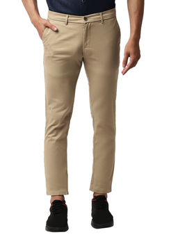 BASICS - Khaki Cotton Stretch Textured Tapered Trousers
