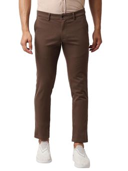 BASICS - Brown Cotton Stretch Textured Tapered Trousers