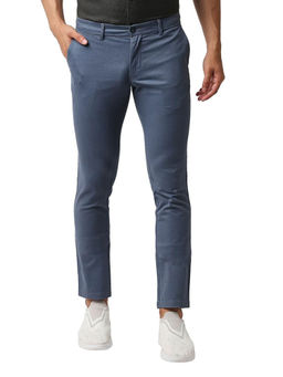 BASICS - Blue Cotton Stretch Printed Tapered Trousers