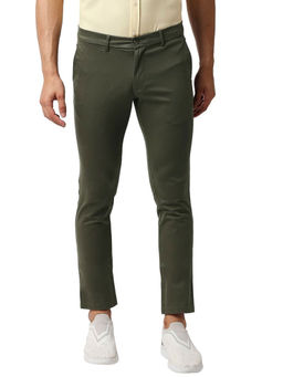 BASICS - Olive Cotton Stretch Textured Tapered Trousers
