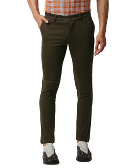 BASICS - Brown Cotton Stretch Textured Tapered Trousers