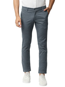 BASICS - Blue Cotton Stretch Self Design Tapered Trousers