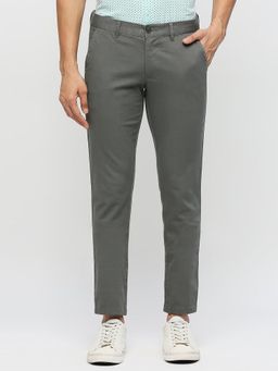 BASICS - Grey Cotton Stretch Textured Tapered Trousers