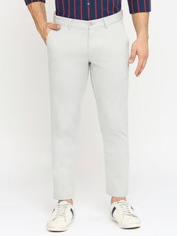 BASICS - Light Grey Cotton Stretch Solid Tapered Trousers