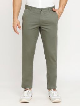 BASICS - Green Cotton Stretch Textured Tapered Trousers