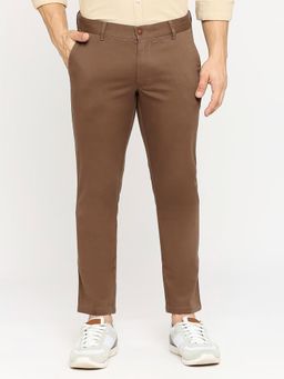 BASICS - Brown Cotton Stretch Self Design Tapered Trousers