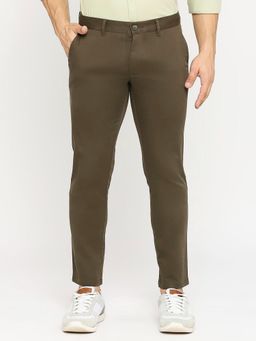 BASICS - Green Cotton Stretch Self Design Tapered Trousers