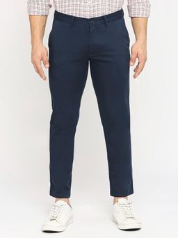 BASICS - Blue Cotton Stretch Self Design Tapered Trousers