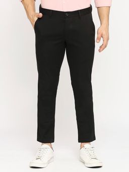 BASICS - Black Cotton Stretch Solid Tapered Trousers