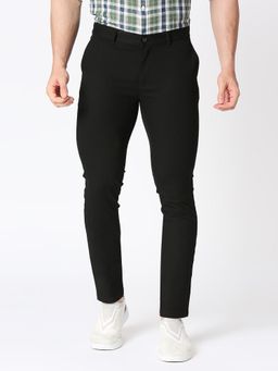 BASICS - Black Cotton Stretch Textured Tapered Trousers