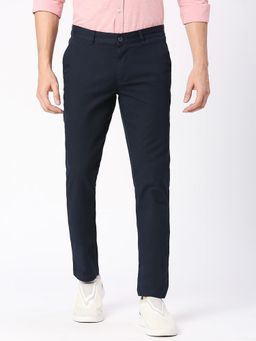 BASICS - Navy Blue Cotton Stretch Textured Tapered Trousers