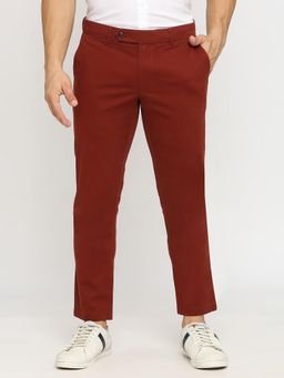 BASICS - Red Cotton Stretch Solid Tapered Trousers