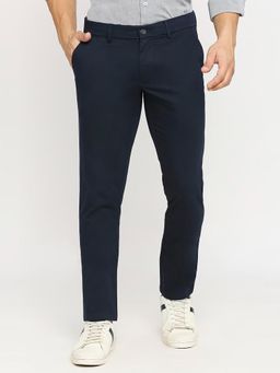 BASICS - Navy Blue Cotton Stretch Textured Tapered Trousers