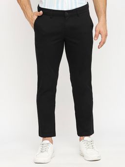 BASICS - Black Cotton Stretch Solid Tapered Trousers