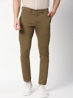 BASICS - Brown Cotton Stretch Textured Tapered Trousers