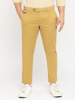 BASICS - Tan Cotton Stretch Solid Tapered Trousers