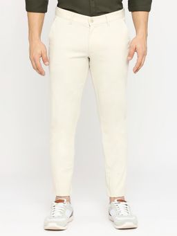 BASICS - Off White Cotton Stretch Solid Tapered Trousers