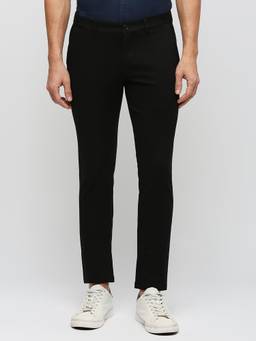BASICS - Black Cotton Stretch Solid Tapered Trousers