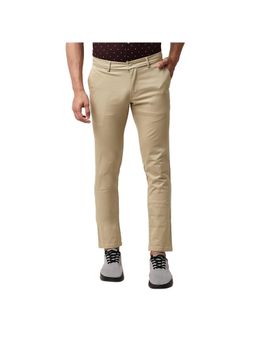 BASICS - Khaki Cotton Stretch Solid Tapered Trousers