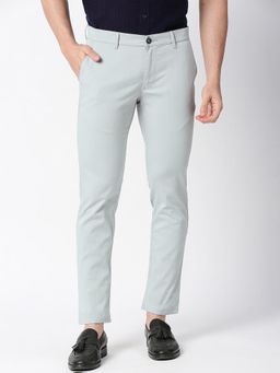 BASICS - Light Blue Cotton Stretch Textured Tapered Trousers