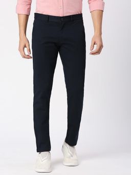 BASICS - Navy Blue Cotton Stretch Solid Tapered Trousers