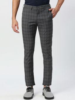 BASICS - Dark Grey Cotton Stretch Checks Tapered Trousers