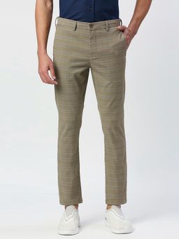 BASICS - Brown Cotton Stretch Checks Tapered Trousers