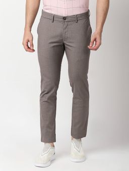 BASICS - Brown Cotton Stretch Textured Tapered Trousers