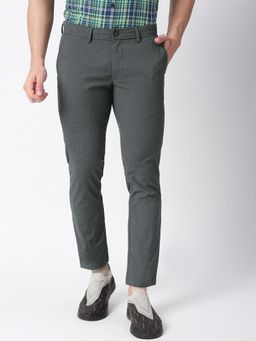 BASICS - Dark Grey Cotton Stretch Textured Tapered Trousers