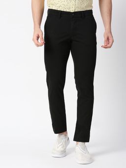 BASICS - Black Cotton Stretch Textured Tapered Trousers