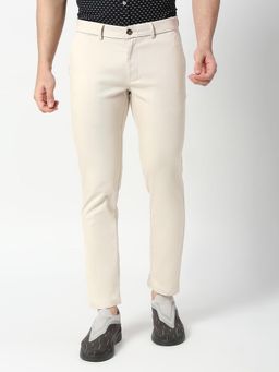 BASICS - Beige Cotton Stretch Textured Tapered Trousers