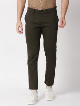 BASICS - Dark Green Cotton Stretch Textured Tapered Trousers