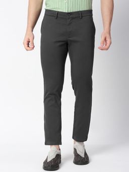 BASICS - Dark Grey Cotton Stretch Textured Tapered Trousers