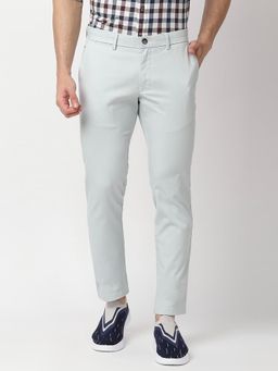 BASICS - Light Blue Cotton Stretch Textured Tapered Trousers