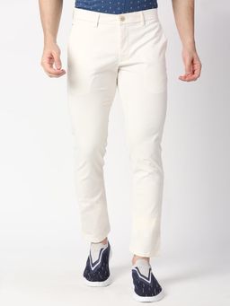 BASICS - Off White Cotton Stretch Solid Tapered Trousers